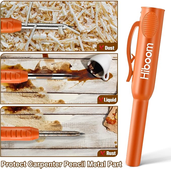 Hiboom 2 Pack Carpenter Pencils with Pencil Cap and 18 Refills, Orange | Mechanical Pencil, Deep Hole Marking, Built-In Sharpener, Long Nose Tip, Pocket Clip, Marks Many Surfaces, Woodworking Use