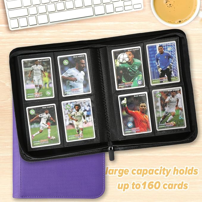 4 Pocket Ringless Side Loading Trading Card Binder, 160 Cards PU Fixed Page Zipper Card Album for TCG Sports Game Cards, Not Fit Top Loaders (Purple)