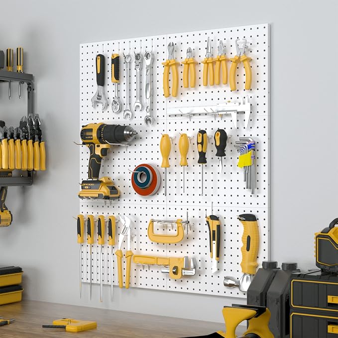 Spampur Peg Board, 6 Pack Metal Pegboard Panels with 50 Hooks | White Pegboards Wall Organizer, Heavy Duty Peg Board for Garage Tool Storage, Office Organization, Craft Room, Desk