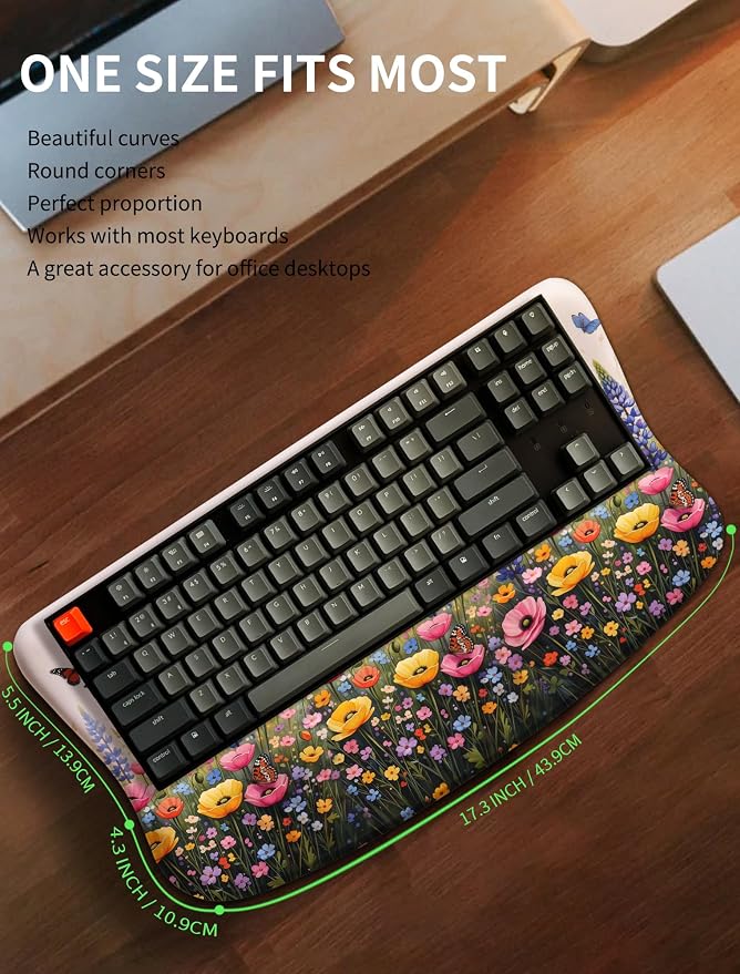 Ergonomic Wave Wrist Rest with Keyboard Stand, Cushioned Palm Rest, Comfortable Integrated Memory Foam for Natural Typing and Relieve Wrist Pain, Flowers and Butterflies