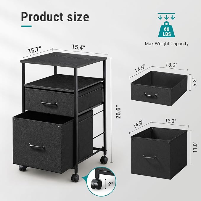 DEVAISE Mobile File Cabinet, Rolling Printer Stand with Open Storage Shelf, Fabric Vertical Filing Cabinet fits A4 or Letter Size for Home Office, Black | Rolling Printer Stand, Fabric Vertical Filing Cabinet fits A4 or Letter Size for Home Office, Black