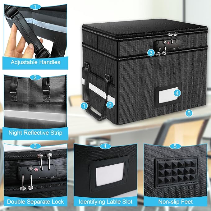 2 Layer Fireproof Document Box with Lock for Letter/Folder/Certificate | Fireproof to 2000°F, Waterproof, Large Capacity, Night Reflective Strip, Adjustable Handle, Foldable, Anti-static Material