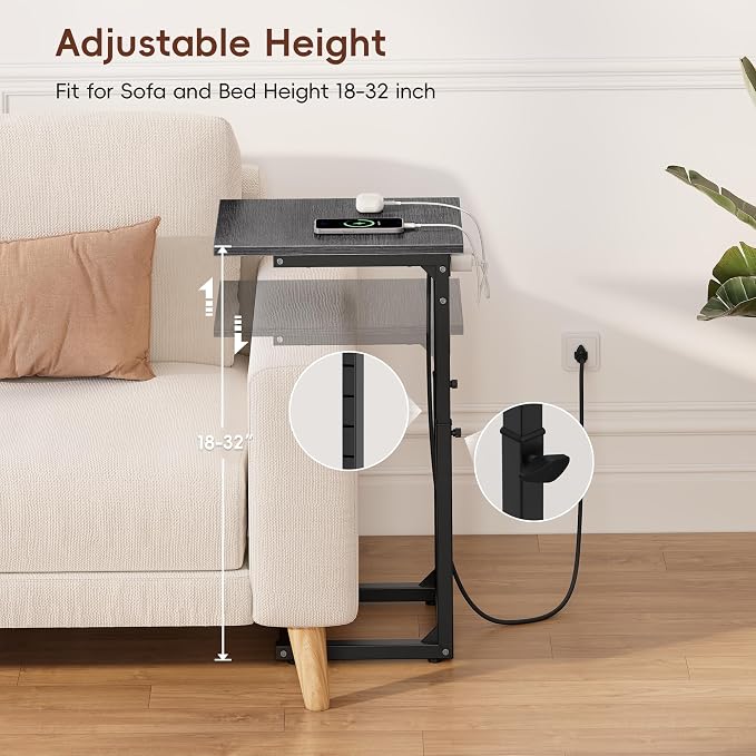 C Shaped End Table with Charging Station, 33" Tall Side Table for Couch, Adjustable Height C Table End Table, Couch Table Slide Under Sofa Table TV Tray Table for Living Room, Gray Walnut