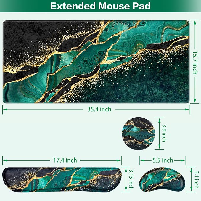 Mouse Pad Green, Desk Mat, Large Gaming Mouse Pad with Wrist Rest 4in1 XXL | Mousepad Keyboard Wrist Rest+Mouse Pad Wrist Support+Cup Coaster Set Ergonomic Computer Desk Pad for Decor Office
