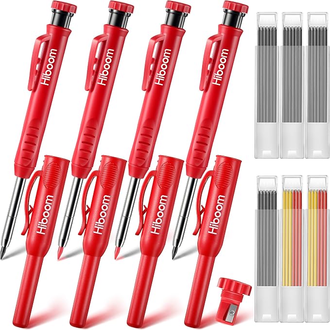 Hiboom 4 Pack Carpenter Pencil with 36 Refills Built In Sharpener (Red) | Concrete Wood Metal, Deep Marking, Multi-Color Refills, 2.8mm Lead, Construction Work, Waterproof, Carpenter Builder DIY