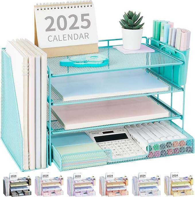 Desk Organizer, 4-Tier Desktop File Organizer with Drawer and Pen Holders, Office Desk Accessories, File Sorters, Workspace Organizers for Office Supplies(Teal Blue)