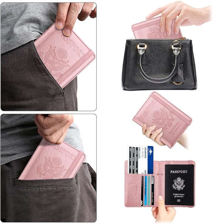 WALNEW Passport Holder for Travel, RFID Passport Wallet, Travel Essentials | PU Leather Passport Cover Case with Pen Holder, Travel Must Haves Accessories, Passport Book Holder for Women Men