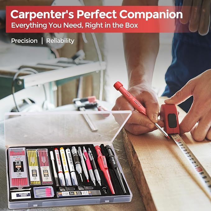 Nicpro 24PCS CP3000 Mechanical Carpenter Pencil Set with Sharpener & Sheath | 76 Refills, 3PCS Long Nib Marker, Center Punch, Carbide Scribe Tool, Heavy Duty Construction Pencil for Architect Woodworking