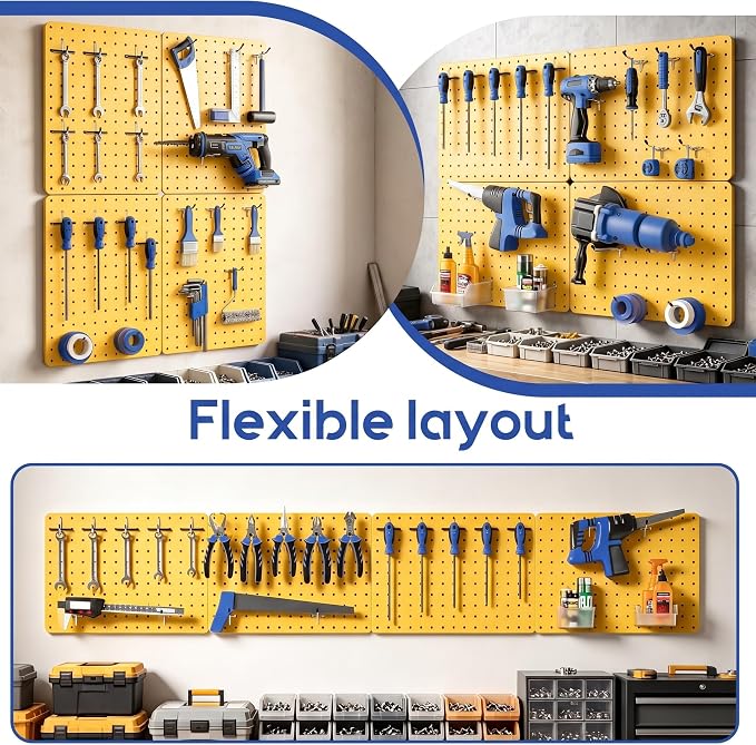 Steel Pegboard Tool Wall Organizer, 4 Pack 14.76 x 10.82 in, 6 Bins, Yellow | 6 clear storage bins organize screws and small parts; 36 hooks and 30 peg locks keep garage tools sorted and easy to reach.