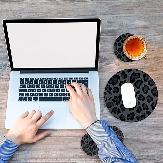 Mouse Pad+Mouse Wrist Rest Support Set+Coaster,Memory Foam Ergonomic Easy Typing Pain Relief,Non-Slip Rubber Base Small Mousepad for Computer,Laptop,Home & Office,Leopard Print