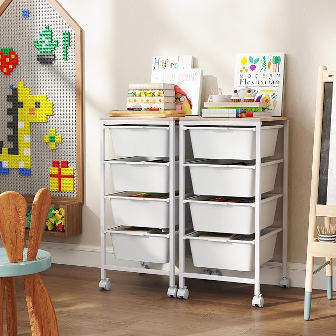 Giantex Rolling Storage Cart with 4 Drawers, Utility Cart w/Wooden Tabletop, Lockable Wheels, Multipurpose Organizer for Art Craft Scrapbook Paper, Drawer Carts for Dorm Classroom Office, White
