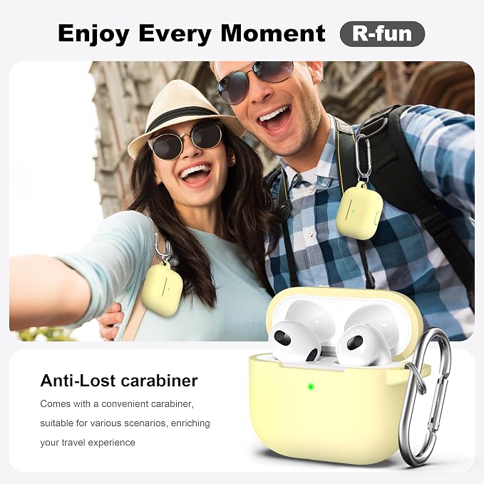 R-fun Compatible with AirPod 3 Case Cover, Silicone Protective Accessories Skin with Keychain Compatible with Apple AirPod 3rd Generation 2021 for Women Men Girls Boys,Front LED Visible,Cream Yellow