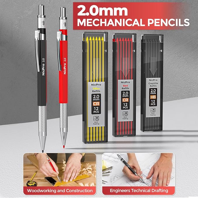 Nicpro 24PCS CP3000 Mechanical Carpenter Pencil Set with Sharpener & Sheath | 76 Refills, 3PCS Long Nib Marker, Center Punch, Carbide Scribe Tool, Heavy Duty Construction Pencil for Architect Woodworking