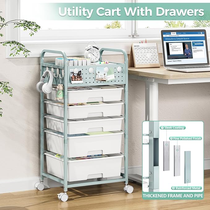 5 Drawer Rolling Storage Cart with Pegboard Top and Hooks, Green | Mobile Utility Organizer with Wheels for Office Supplies, Craft Storage, Classroom Organization, Home Storage Cart