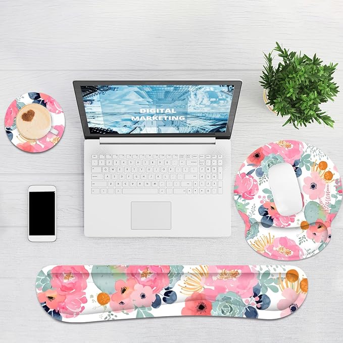 Ergonomic Mouse Pad with Wrist Rest and Keyboard Wrist Rest, Mousepad | Memory Foam Wrist Rest for Computer Keyboard, Pain Relief, Non-Slip Base, Pink Mouse Pad Wrist Support for Gaming, Flower