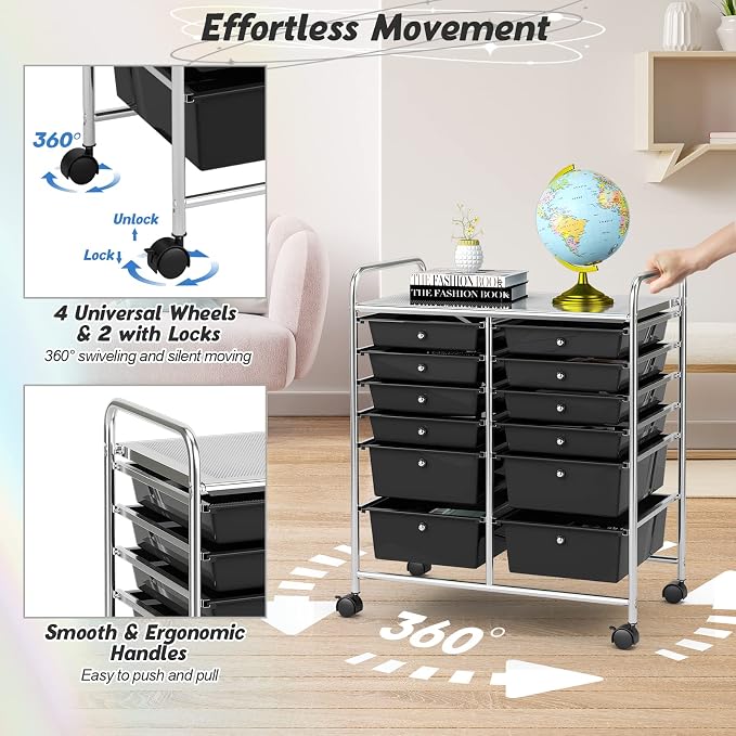 COSTWAY 12-Drawer Rolling Storage Cart, Moveable Art Craft Organizer | Lockable Wheels, Metal Shelf, Files Arrangement Tools Makeup Storage Cart for Office, Home, School (Black)