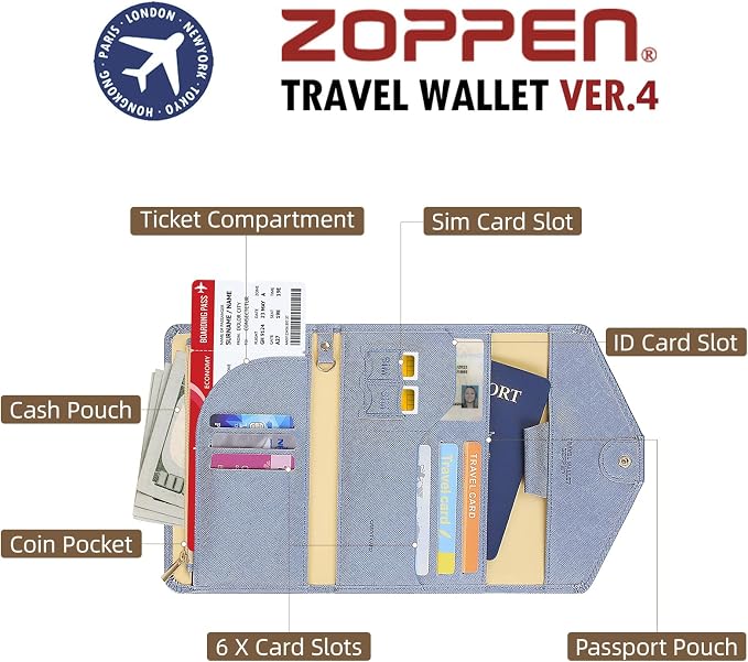 Passport Holder Passport Wallet Travel Essentials Document Organizer, Passport Cover Rfid Travel Wallet Womens | RFID secure, 6 card slots, 10 sim pockets, passport holder with zip-around wallet, slim fit for women travelers.