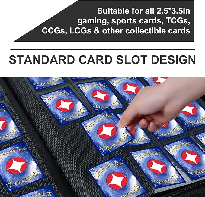 GEAoffice 16 Pocket Trading Card Binder for 1000+ Cards, Ringless Side-Loading 4x4 Card Binder with Zipper Closure, PU Leather 1024 Card Binder for MTG/TCG/Baseball/Sports&Game Cards, Black