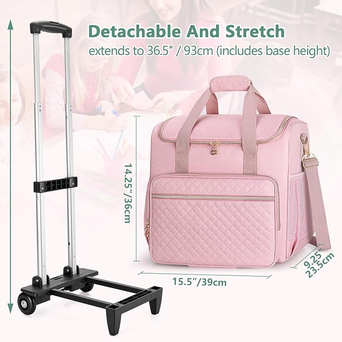 LUXJA Rolling Teacher Bag with Wheels and 15.6" Laptop Compartment, Pink | Rolling Briefcase for Women, Teacher Tote Bag for Office Work with Detachable Dolly and Shoulder Strap, Ample Storage Pockets