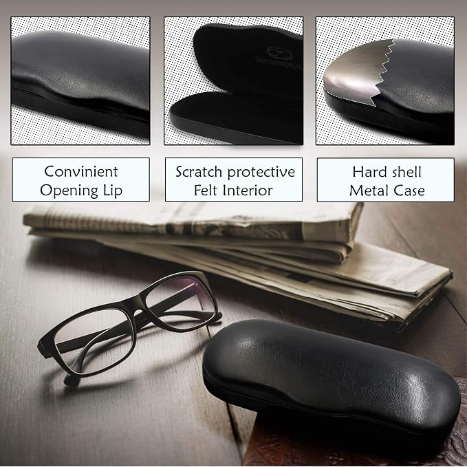 MyEyeglassCase Men's Medium Glasses Case - Classic Eyeglasses Hard Shell Holder, Elegant Easy Open Lip with Pouch and Cloth