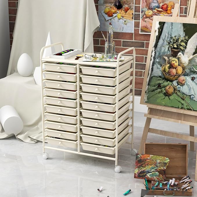 RELAX4LIFE 20-Drawer Rolling Storage Cart - Mobile Rolling Cart w/Drawers for School Classroom Teacher Office Home Salon, Paper File Art Supply Craft Organizer, Utility Cart on Wheels (Ivory)
