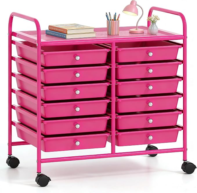 COSTWAY 12-Drawer Rolling Storage Cart, Utility Storage Organizer Cart | For Tools, Scrapbook, Paper, Craft, Multipurpose Art Supply Organizer on Wheels for Home Office School, Teacher, Hot Pink