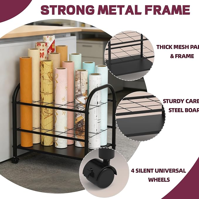 Blueprint Storage Holder with Wheels – 20-Slot Metal Roll File Rack with Silent Casters & Brakes for Blueprints, Wrapping Paper, Posters, Maps – Mobile File Cart for Office & Home (Black)