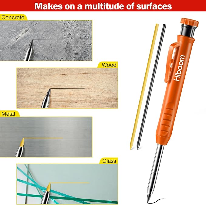 Hiboom Mechanical Carpenter Pencil with 7 Leads, Deep Hole Marker, Orange | Built-In Sharpener, Long Nose Construction Pencil, Pocket Clip Design, Woodworking Tools, Marks on Various Surfaces
