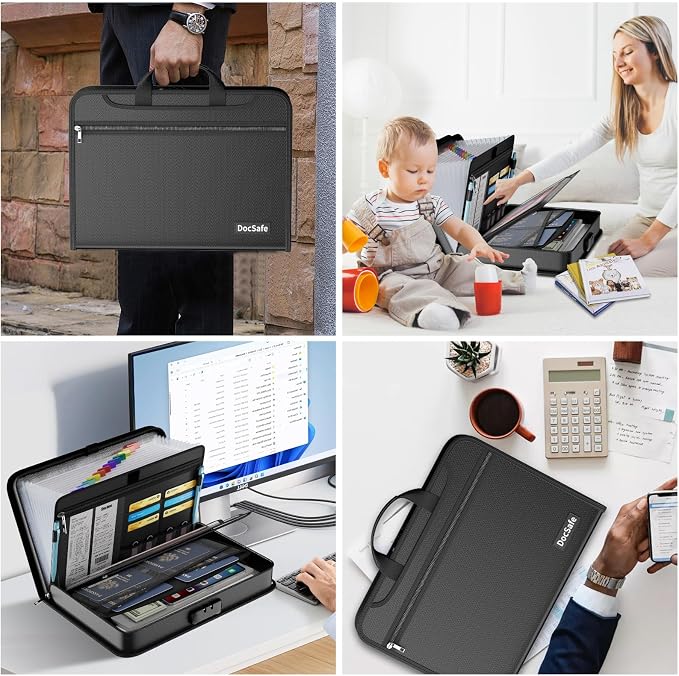 DocSafe 5200°F Accordion File Organizer with Lock,Fireproof Water Resistant Expanding File Folder with Multi Pockets,Document Organizer Home Office Travel Safe Storage for Letter Size Files,Black