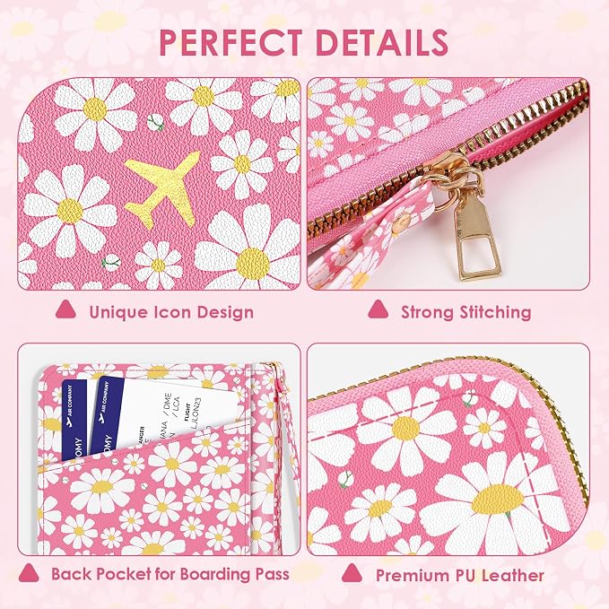KONVINIT Pink Floral Passport Holder For Travel, Passport Cover For Women | Leather RFID Blocking Passport Holder, Cute Passport Wallet with Zipper Closure, Passport Case for Women and Men