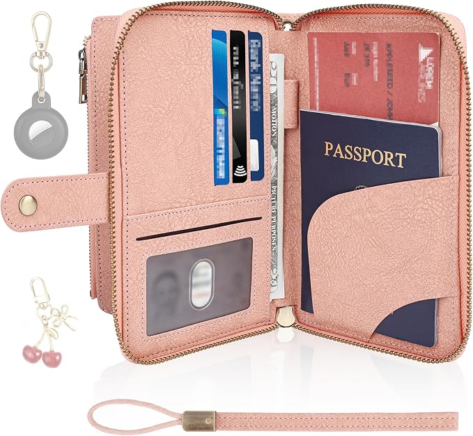 RFID Blocking Passport Wallet, Anti Theft PU Texture Passport Pouch with Tracker Case, Travel Document Organizer Zipper Wallet with Wrist Strap & Keychain, Gifts for Women and Men (Pink)