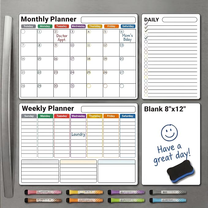 Magnetic Calendar for Refrigerator, Fridge Calendar 4-Pack | Monthly Weekly XL Daily & Blank Dry Erase Calendar Set with Nano-Tech Surface, 17"x12" Magnetic Boards, 8 Markers & Eraser