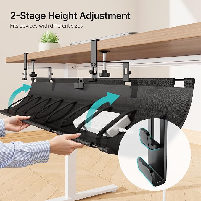 PEGZONE No Drill Under Desk Cable Management Tray, 47.2" Fabric Organizer | Clamp/Screw Premium Mount Cord Holder, for Power Strips, Adapters, with 2 Hooks & 1 Tie Roll for Home Office Gaming, Black