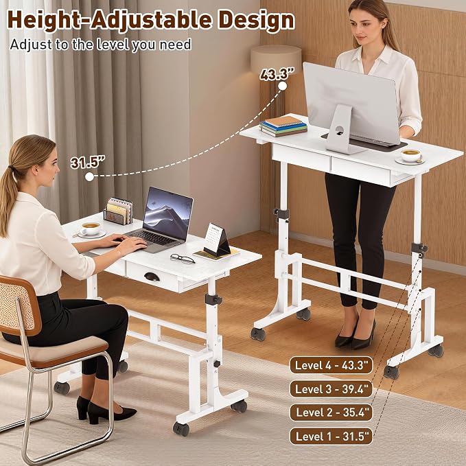 Height Adjustable Standing Desk with 2 Drawers, Small Sit Stand Up Desk with Wheels, Portable Rolling Desk for Walking Pad Treadmill, Computer Office, Adjustable 31.5"-43.3", White, Upgraded Stable