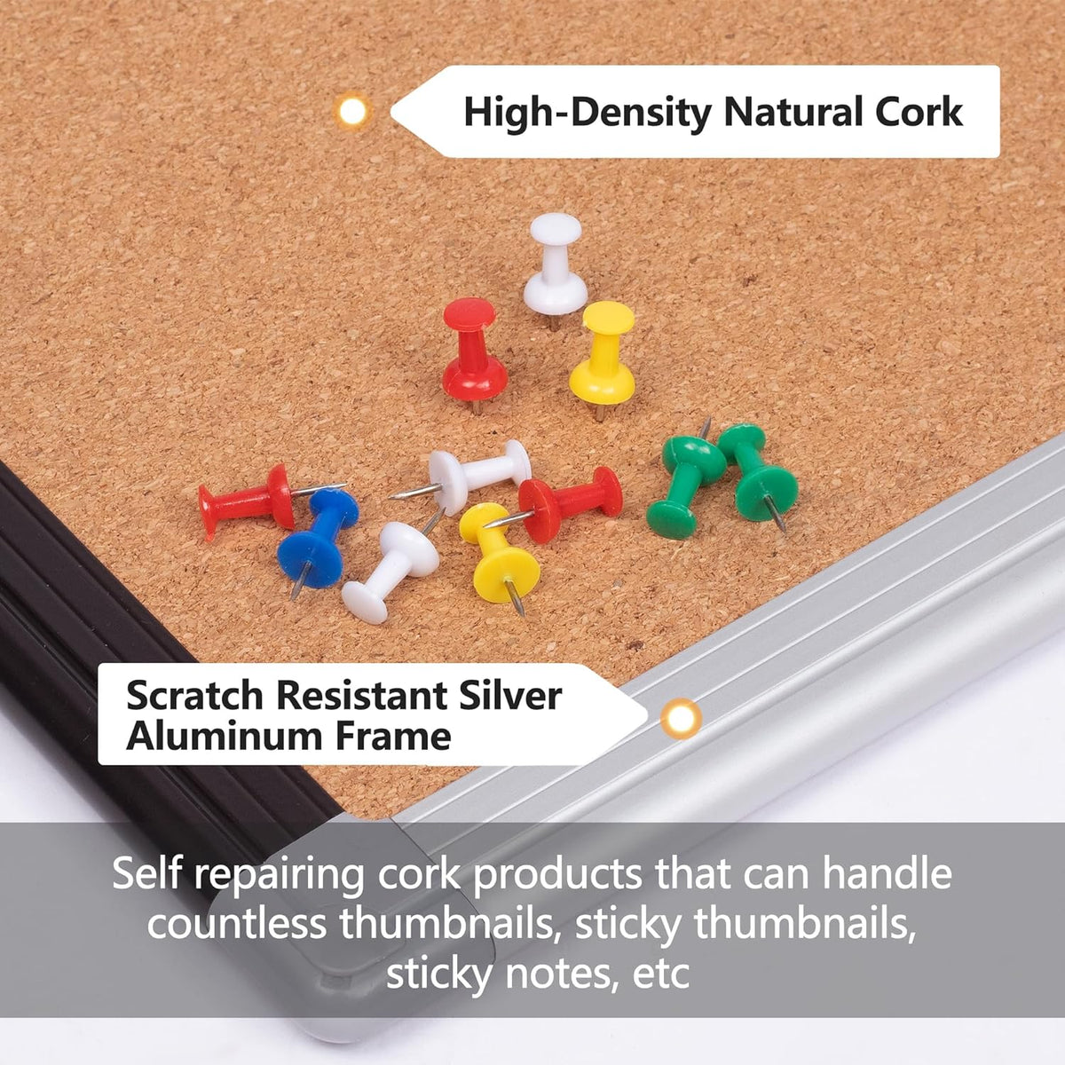 Board2by Cork Board Bulletin Board 24" x 18", Black/Sliver Aluminium Framed Corkboard, Office Board for Wall Decor, Large Wall Mounted Notice Pin Board with 18 Push Pins for School, Home & Office