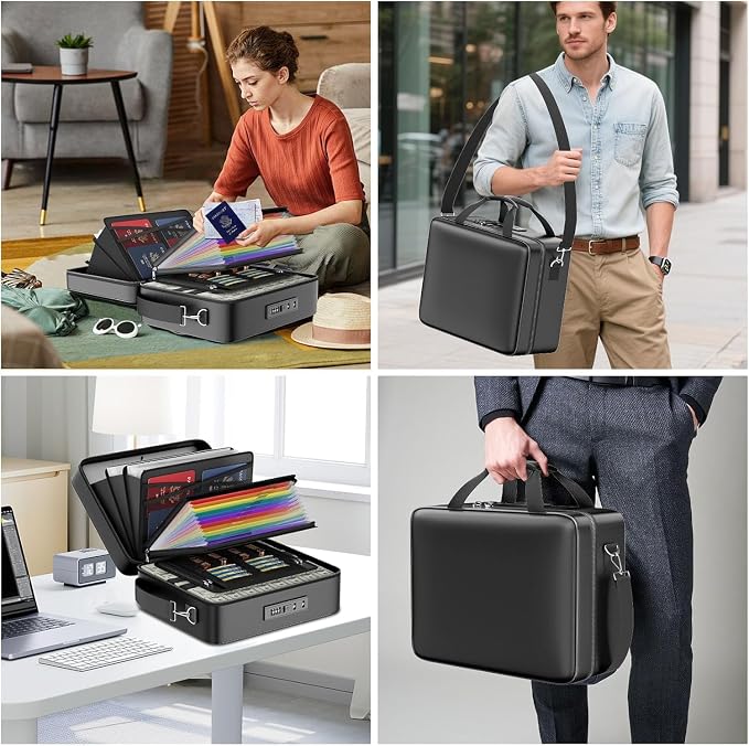 ENGPOW Fireproof Document Box with Lock & 13 Pockets Accordion File Folder | Hard Case File Organizer Home Safe Box with Multi Pockets,Protects Important Documents,Certificates,Laptop,Passports,Black