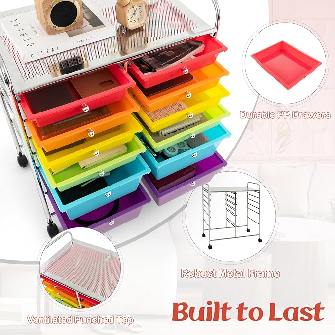 COSTWAY 12-Drawer Rolling Storage Cart, Moveable Art Craft Organizer | Lockable Wheels, Metal Shelf, Files Arrangement Tools Makeup Storage Cart for Office, Home, School (Multi-Color)