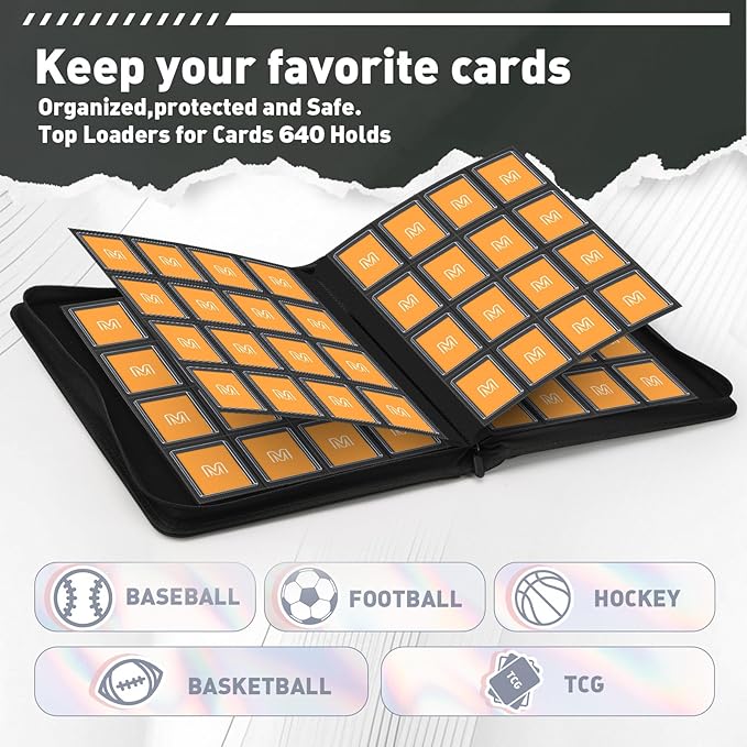 16 Pocket Toploader Binder,Holds 640 Top Loaders,Top Loader Binder for 3" x 4"Rigid Cards,Sleeves Card Collection Binder,20 Double Sided Pages,Compatible with Trading & Sports Holder (16Black)