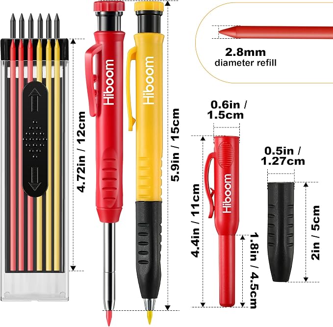 4 Pack Carpenter Pencil with 24 Refills Built In Sharpener,Multi Colors | Concrete Wood Metal, Deep Marking, Multi-Color Refills, 2.8mm Lead, Construction Work, Waterproof, Carpenter Builder DIY