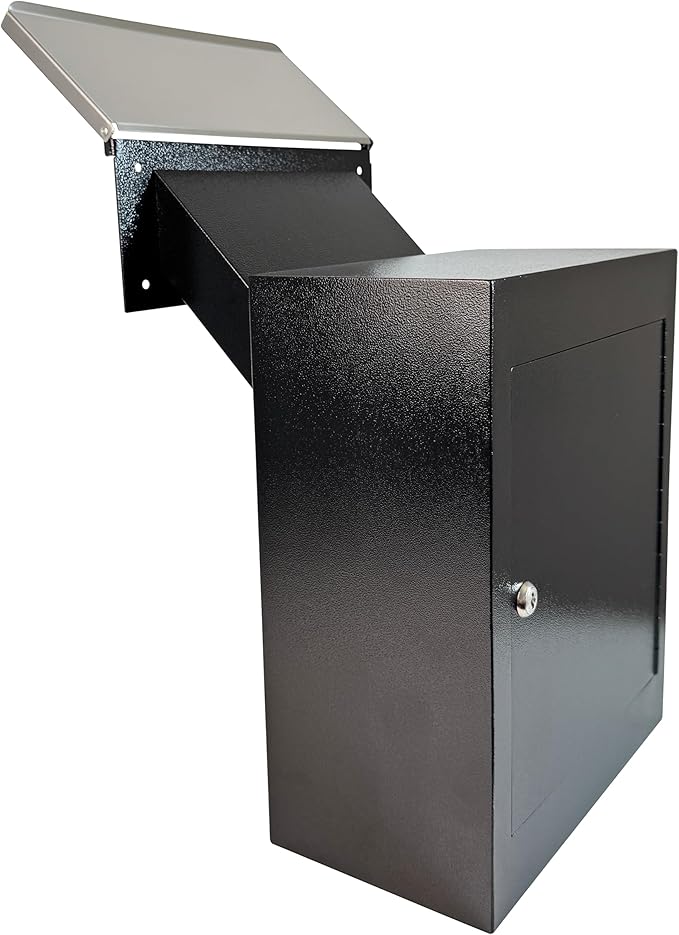 Through-the-Wall Locking Mailbox with Anti-Fishing Chute | Heavy-Duty Steel Mail Drop Box with Rainproof Cover & Adjustable Sleeve for Homes, Offices & Apartments, Black