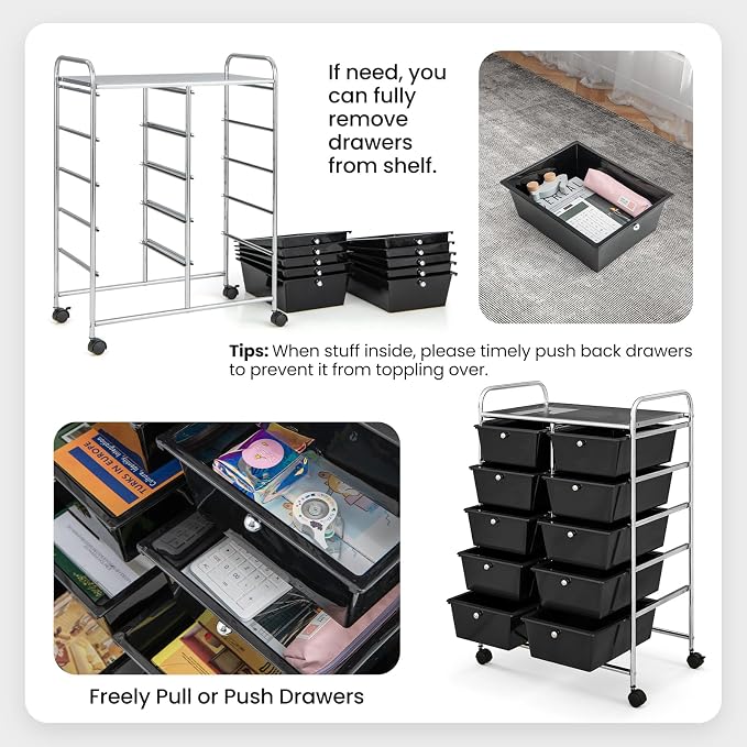 BECOMFORT 10-Drawer Rolling Cart with Drawers, Storage Cart on Wheels, Teacher Classroom Organizers with Metal Frame, Mobile Craft Cart, Trolley Utility Cart for School Office Play Room