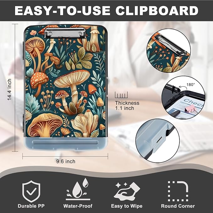 Clipboard with Storage,Storage Clipboard with Pen Holder,Heavy Duty Plastic Storage Clipboard with Low Profile Clip,Teacher Must Haves,Clipboard Folder,Office Supplies,Mushroom -1354