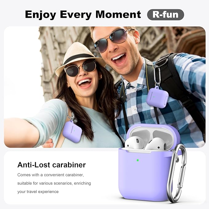 R-fun for AirPods 1/2 Case, Soft Silicone Protective Cover with Keychain and Cleaning Pen, Compatible with AirPods 2nd/1st Generation (2016/2019), Full Drop Protection Cover, Lilac