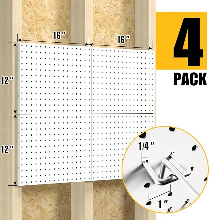 Spampur Peg Board, 4 Pack Metal Pegboard Panels with 50 Hooks | White Pegboards Wall Organizer, Heavy Duty Peg Board for Garage Tool Storage, Desk Office Organization, Craft Room, Kitchen
