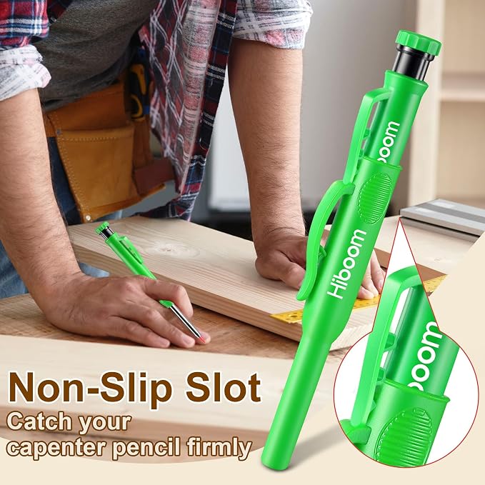 Hiboom 2 Pack Carpenter Pencils with Pencil Cap and 18 Refills, Green | Mechanical Pencil, Deep Hole Marking, Built-In Sharpener, Long Nose Tip, Pocket Clip, Marks Many Surfaces, Woodworking Use