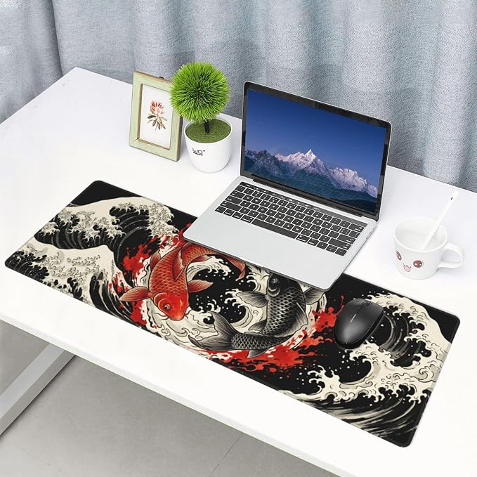 Japanese Koi Fish Wave Gaming Mouse Pad Large Extended Desk Mat Non-Slip Rubber Base Keyboard Pad with Stitched Edges for Office Gaming 31.5x11.8 in