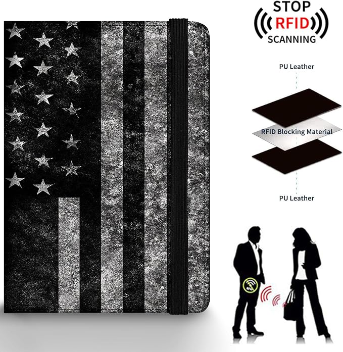 Passport Holder Wallet Cover Case,RFID Blocking Passport Cover,Large Capacity Travel Wallet with Multi Card Slots (Black and White American Flag)
