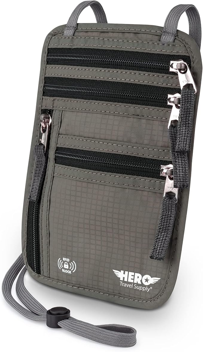 HERO Neck Wallet - RFID Blocking Passport Holder, Easy to Conceal Travel Pouch (Army Grey)