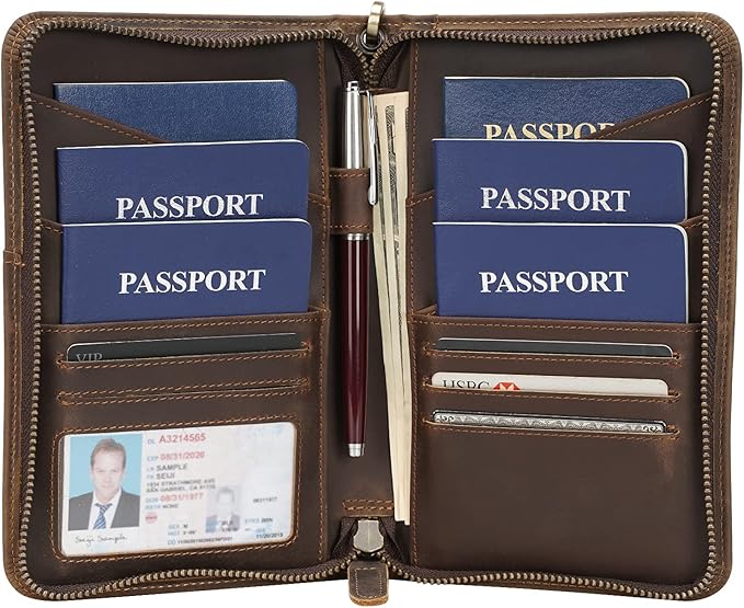 Polare Full Grain Leather Passport Holder Cover Case for Men and Women RFID Blocking Family Travel Wallet Holds 6 Passports (Dark Brown)