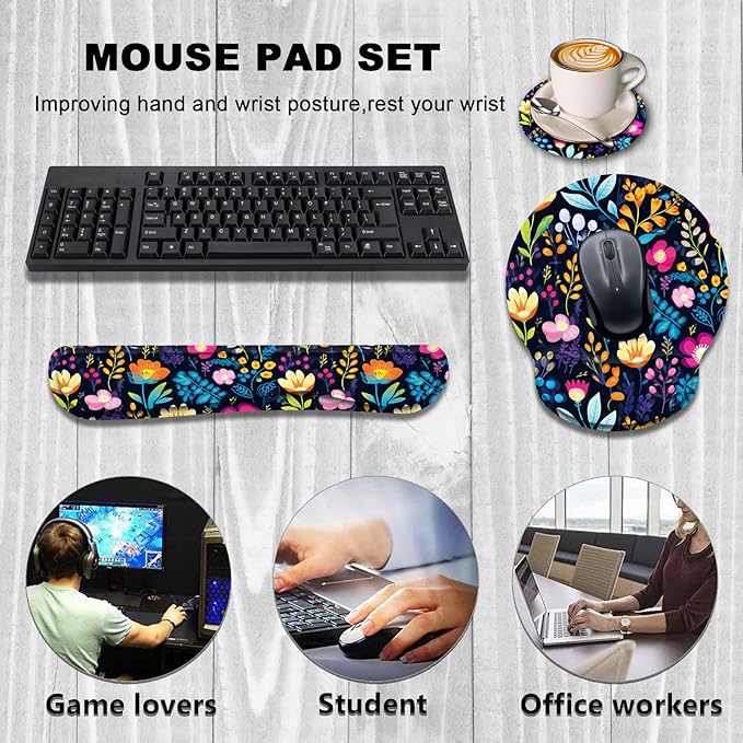 Keyboard Wrist Rest and Mouse Wrist Rest Pad with Cup Coaster,Made of Memory Foam,Ergonomic Support,Easy-Typing and Pain Relief,for Gaming Office Home Computer,Blooming Flower
